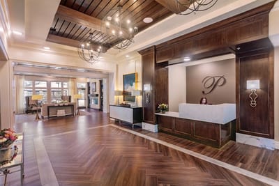 Reception area with a front desk and seating