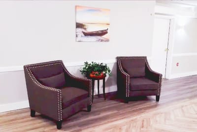 Cozy seating area with two chairs and artwork