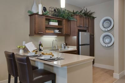Modern kitchen area in a senior living residence
