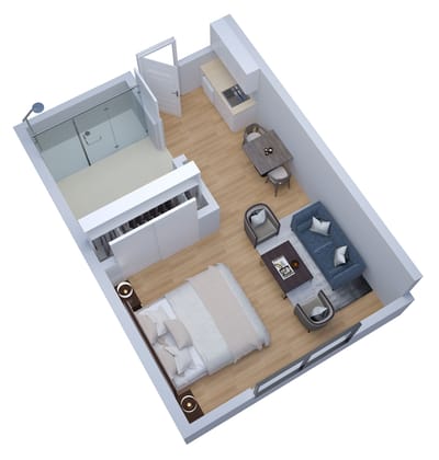 An aerial view of a well-decorated studio apartment