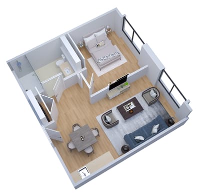 3D floor plan of a one-bedroom apartment