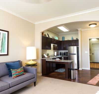 Well-decorated interior view of a resident's suite
