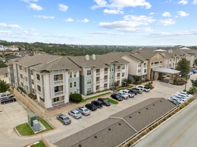 Aerial view of the nursing home building and parking area