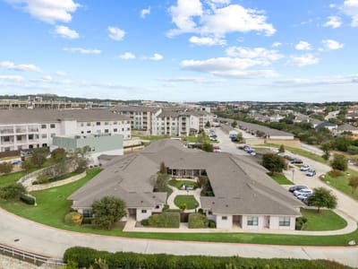 Aerial view of the assisted living facility and surrounding area