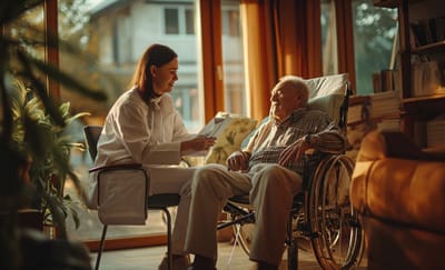 Staff member with a resident in a warm, inviting common area