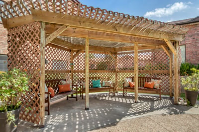 Outdoor shaded seating area in a garden