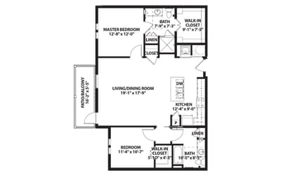 Architectural floor plan of a senior living unit
