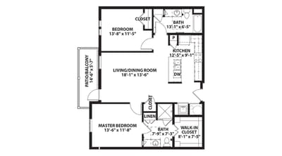 Architectural floor plan of a two-bedroom unit