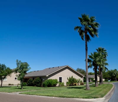 Exterior view of a senior living facility with palm trees