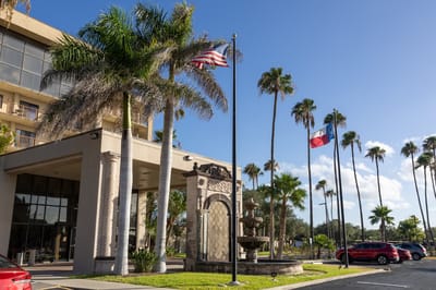 Exterior view of the facility with palm trees and flags
