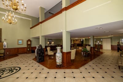 Spacious lobby with seating and decorative elements