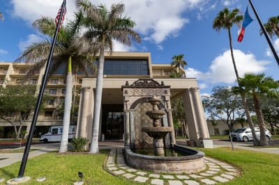 Building entrance with fountain and palm trees