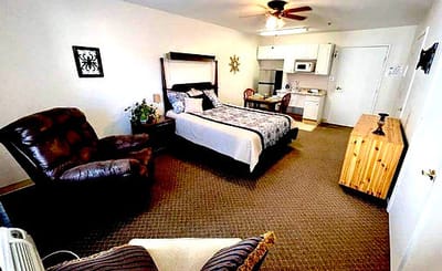 Well-furnished private room in a senior living facility