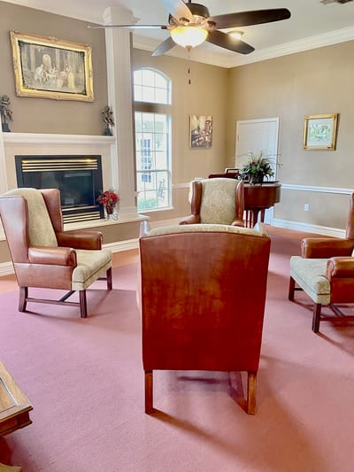Cozy common area with comfortable seating and fireplace