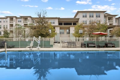 View of the pool area and building exterior.