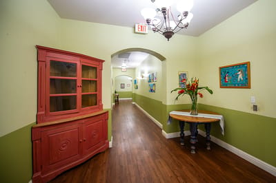 Colorful hallway with decorative features and lighting