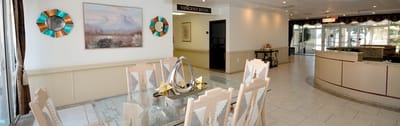 Interior view of a dining area with tables
