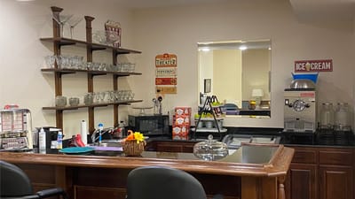 Interior view of a café area with a snack counter