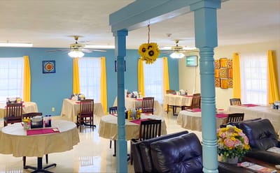 Bright dining room with decorated tables
