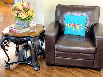 Cozy seating area with a floral arrangement