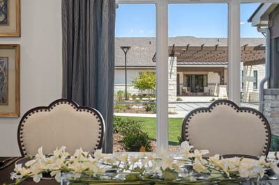 View from an interior space towards outdoor garden area