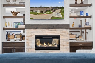 Interior common area with a fireplace and decor