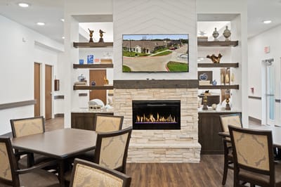 Cozy common area with fireplace and seating