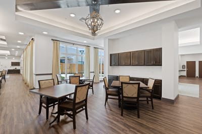 Interior of a bright common area in a senior living facility