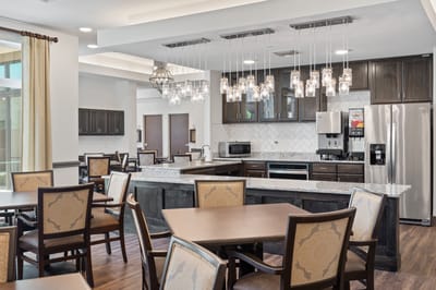 Bright interior dining area with modern lighting