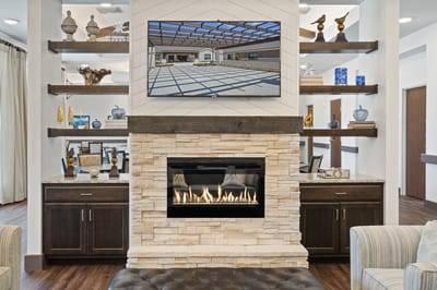 Interior common area with fireplace and decor