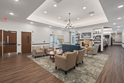 Bright and inviting common area with seating