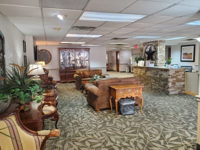 Interior lounge area with seating and decor