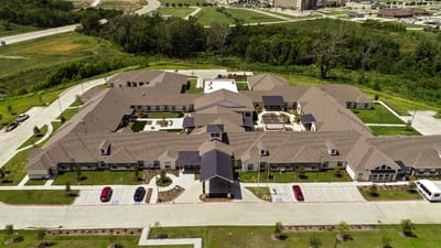 Aerial view of Celebration Senior Living campus with landscaping