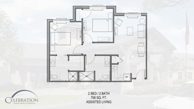 Architectural floor plan of a 2 bed, 2 bath apartment