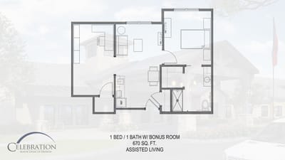 Architectural floor plan of a one-bedroom assisted living unit