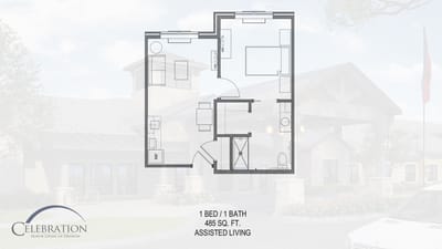 Architectural floor plan for a one-bedroom assisted living unit