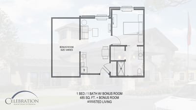Architectural floor plan of a one-bedroom assisted living unit