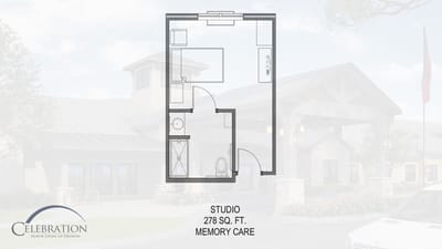 Architectural floor plan of a memory care studio