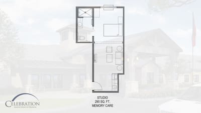 Architectural floor plan of a studio apartment for memory care