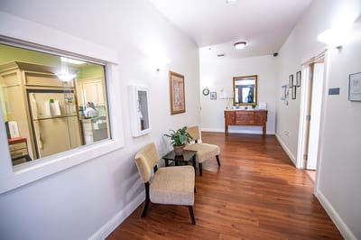 Bright common area with seating and décor