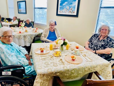Residents enjoying a meal together in the dining room