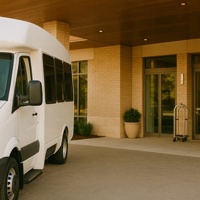 Facility transport van parked in front of the building