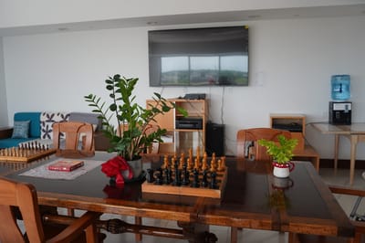 Bright common area with chess set and plants