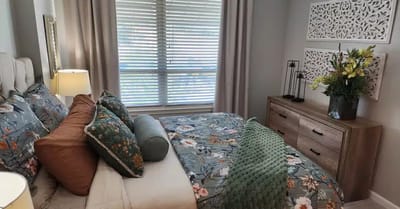 Cozy interior of a resident room with floral decor
