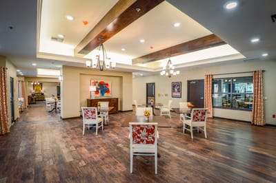 Bright common area with seating and decor