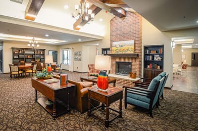 Cozy common area with seating and fireplace