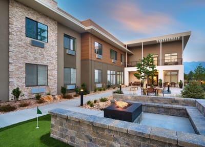 Exterior view of a modern assisted living facility