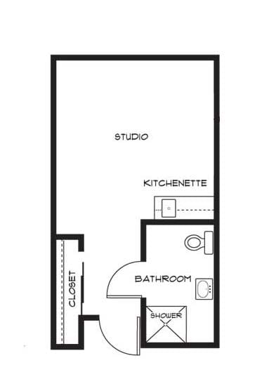 Architectural floor plan of a studio apartment
