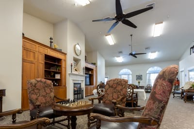 Cozy common area with seating and a fireplace