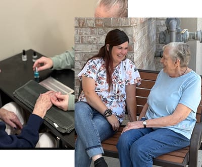 Residents enjoying nail care service with staff interaction